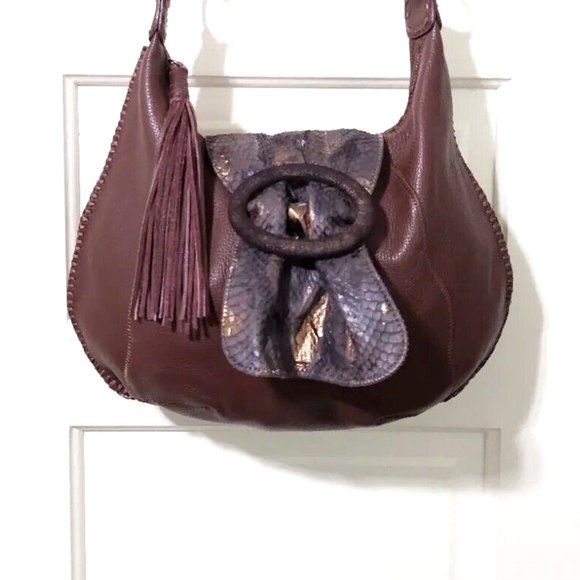 NEW Carlos Falchi CHI Brown 100% Leather Snake Skin Crescent Shoulder Bag Purse - Picture 5 of 13